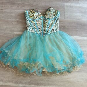 Blue and Gold Embellished Tiered Strapless Corset Dress